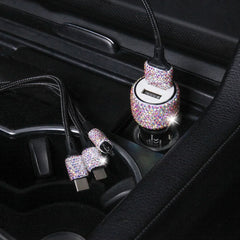 USB Car Charger Pink Crystal Diamond 5V 2.1A Dual Port Fast Charging Adapter 3 in 1 Charging Cable for IPhone Samsung Huawei