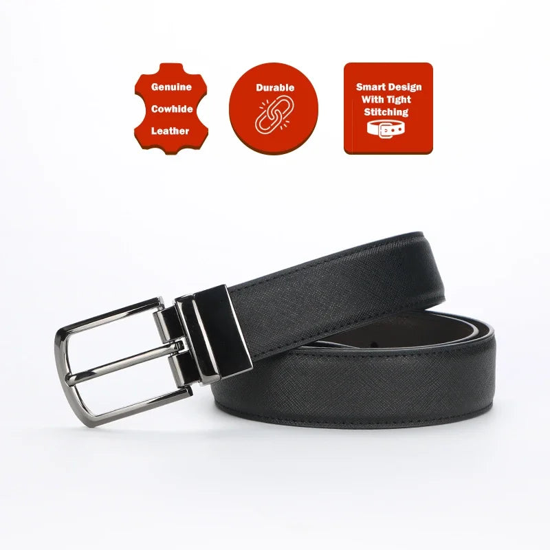 Men's genuine leather cowhide belt with rotating pin buckle, double-sided casual business belt for men.