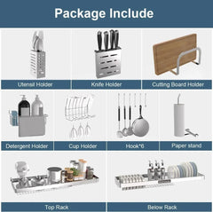 Over The Sink Dish Drainer Drying Rack,3 Tier Adjustable Length (25.5'' to 37.4'') Full Stainless Steel Large Storage Kitchen SHOWLU FASHION STORE