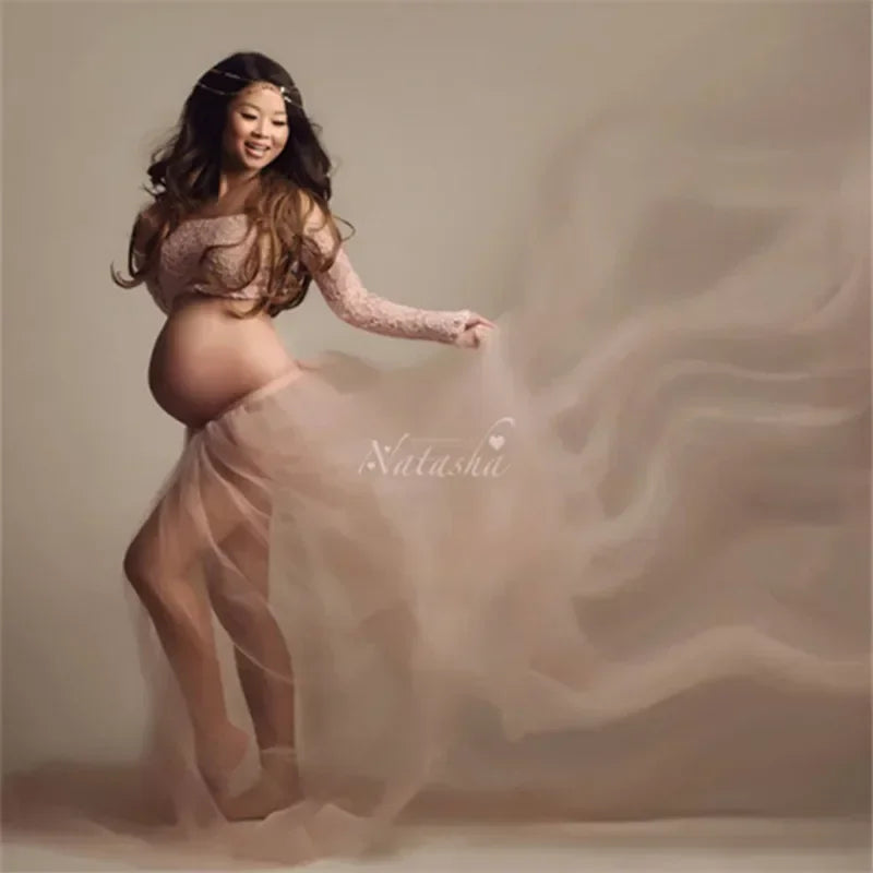 Showlu maternity lace top and tulle skirt set for photoshoots, featuring delicate lace and flowing tulle fabric.