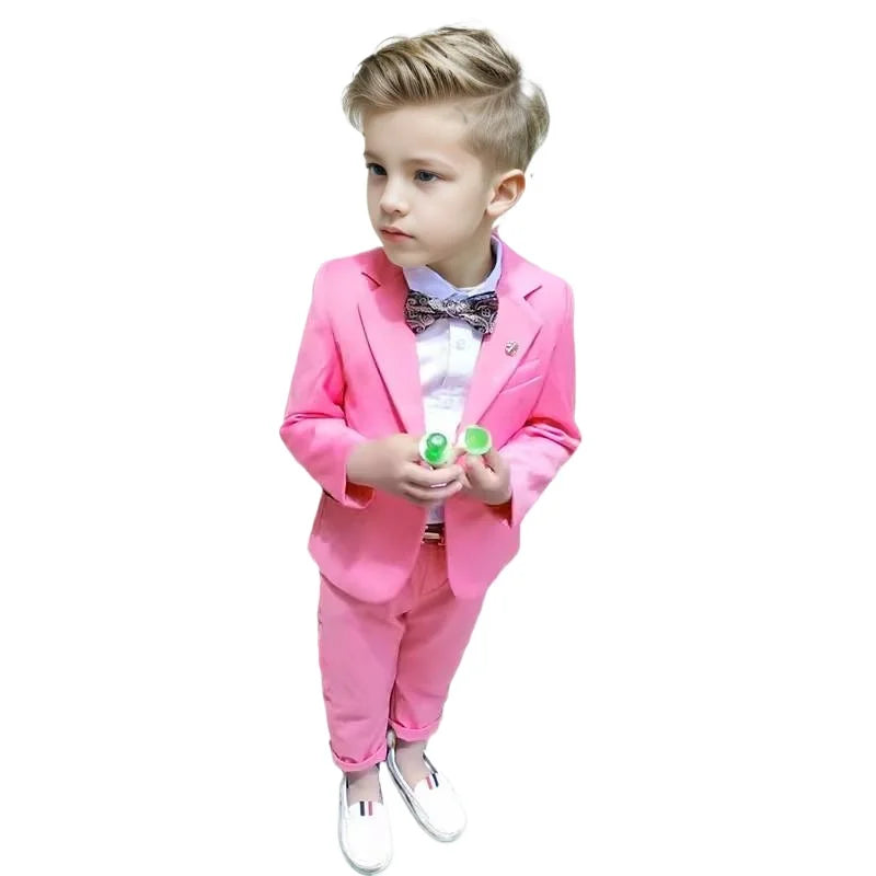 Children's pink spring dress suit set for boys, includes jacket and pants, perfect for birthday parties and photoshoots.