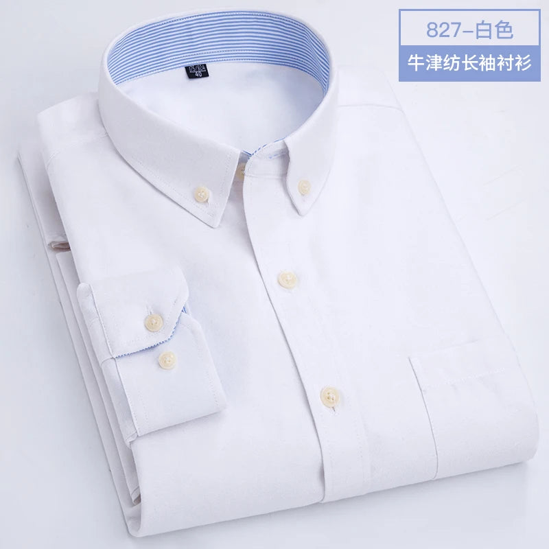 Showlu Men's slim fit Oxford shirt with long sleeves, non-iron casual top featuring a classic collar and button-down front.