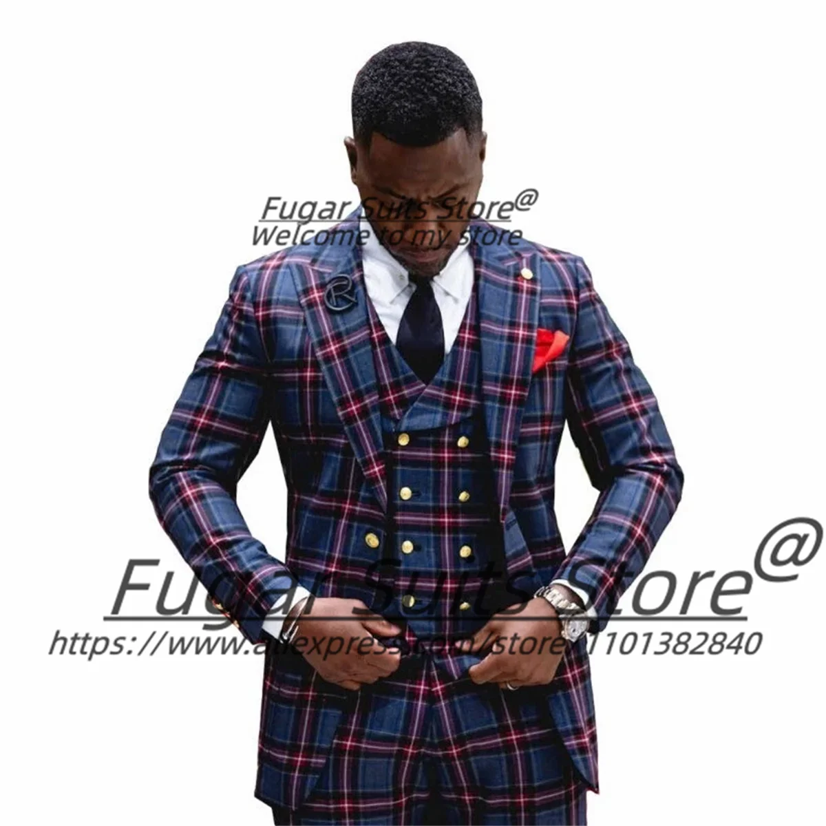 Customized French style plaid men's blazer with slim fit, peak lapel, ideal for formal parties, business, and tuxedo attire.