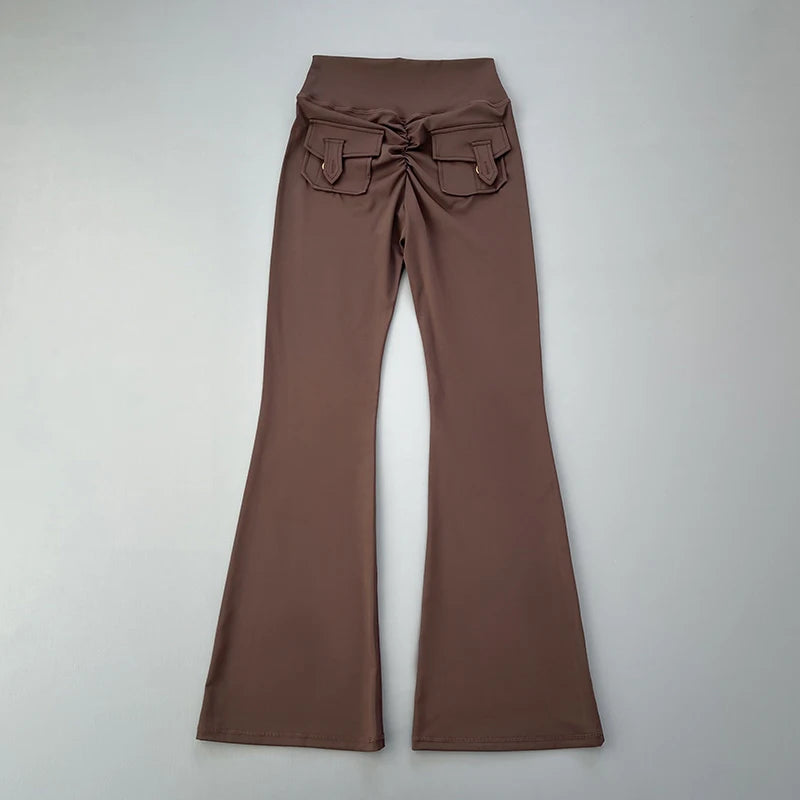 Showlu Fashion micro horn yoga pants with pocket, designed for hip lifting, quick-drying exercise, fitness, and dance training.
