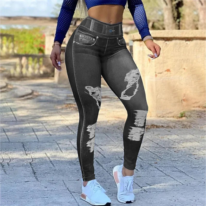 Denim look print high waist tummy control leggings for women with butt lift design, slim fit, spring and summer fashion.