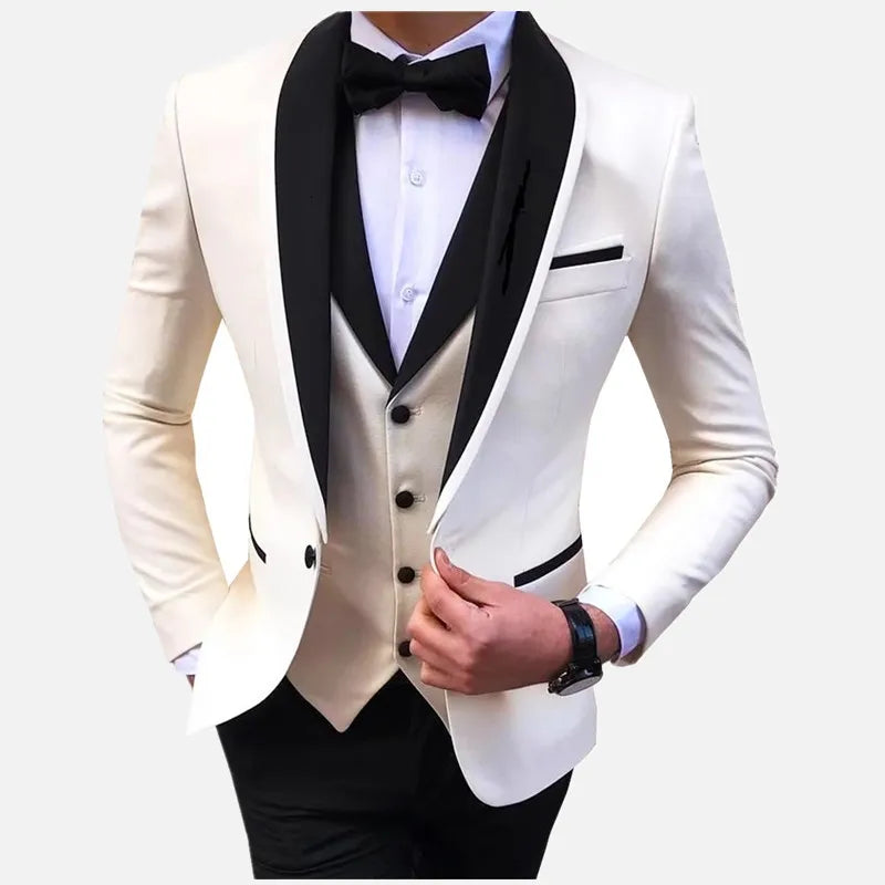 White Slit Mens Suits 3 Piece Black Shawl Lapel Casual Groom Tuxedos for Wedding Groomsmen Suits Men 2025 (Blazer+Vest+Pant)