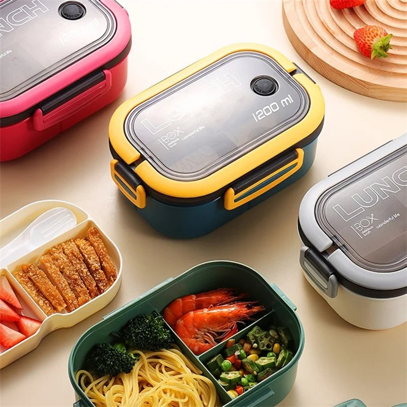 Showlu Fashion Store 1200ML two-layer bento lunch box with spoon and fork, leakproof, portable microwave food container for kids and adults.