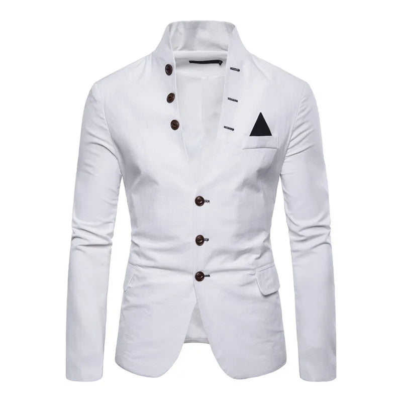 Men's slim fit casual blazer with multi-button decoration, stand collar, solid color, suitable for stage, party, or dress occasions.