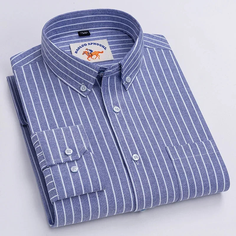 White men's casual Oxford shirt by Showlu Fashion with long sleeves, embroidered horse design, regular fit, button-up style