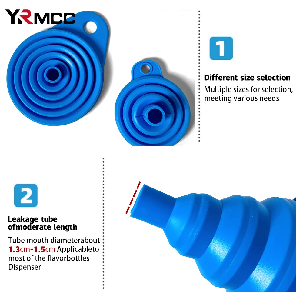 Showlu Smart General collapsible funnel set with multiple sizes, made of durable silicone, folded for compact storage.