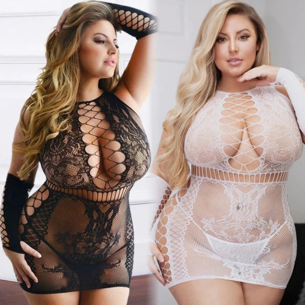 Plus size fishnet lingerie dress by SHOWLU FASHION STORE, open cup halter mini dress with fishnet design and revealing style.