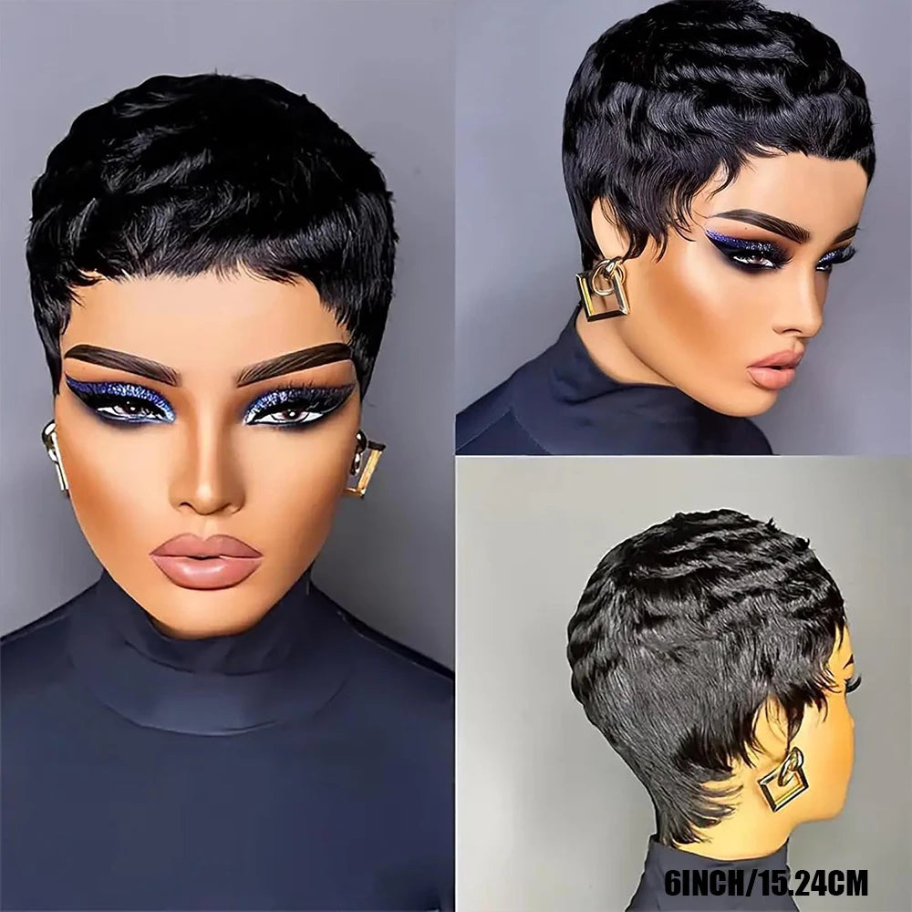 Showlu Fashion 6-inch short pixie cut straight wig with pre-styled bangs, 100% human hair, machine-made, tangle-free, natural hairline