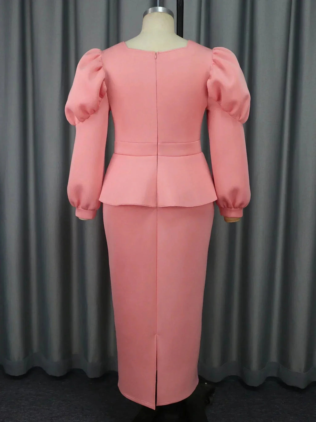 Pink peplum long dress with high waist, ruffle details, and V-neck, perfect for parties, by SHOWLU FASHION STORE.
