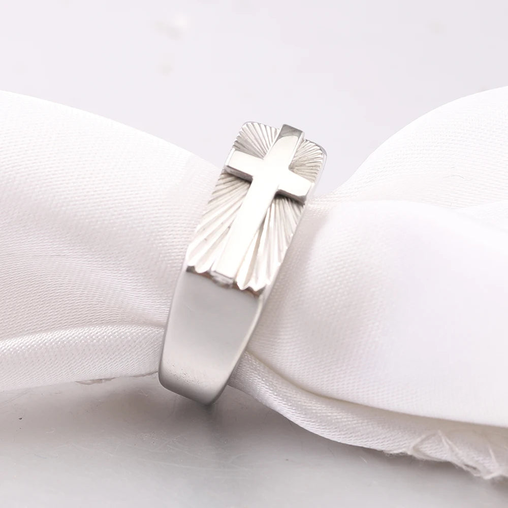 Men's stainless steel cross ring with 8mm sunburst design, religious band style, from Showlu Fashion Store.