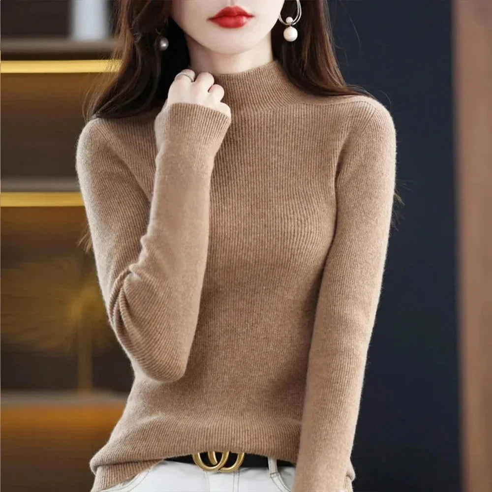 Women's pleated pullover sweater with half high collar and slim fit, from SHOWLU FASHION STORE, featuring a stylish X-G-Xinde design.