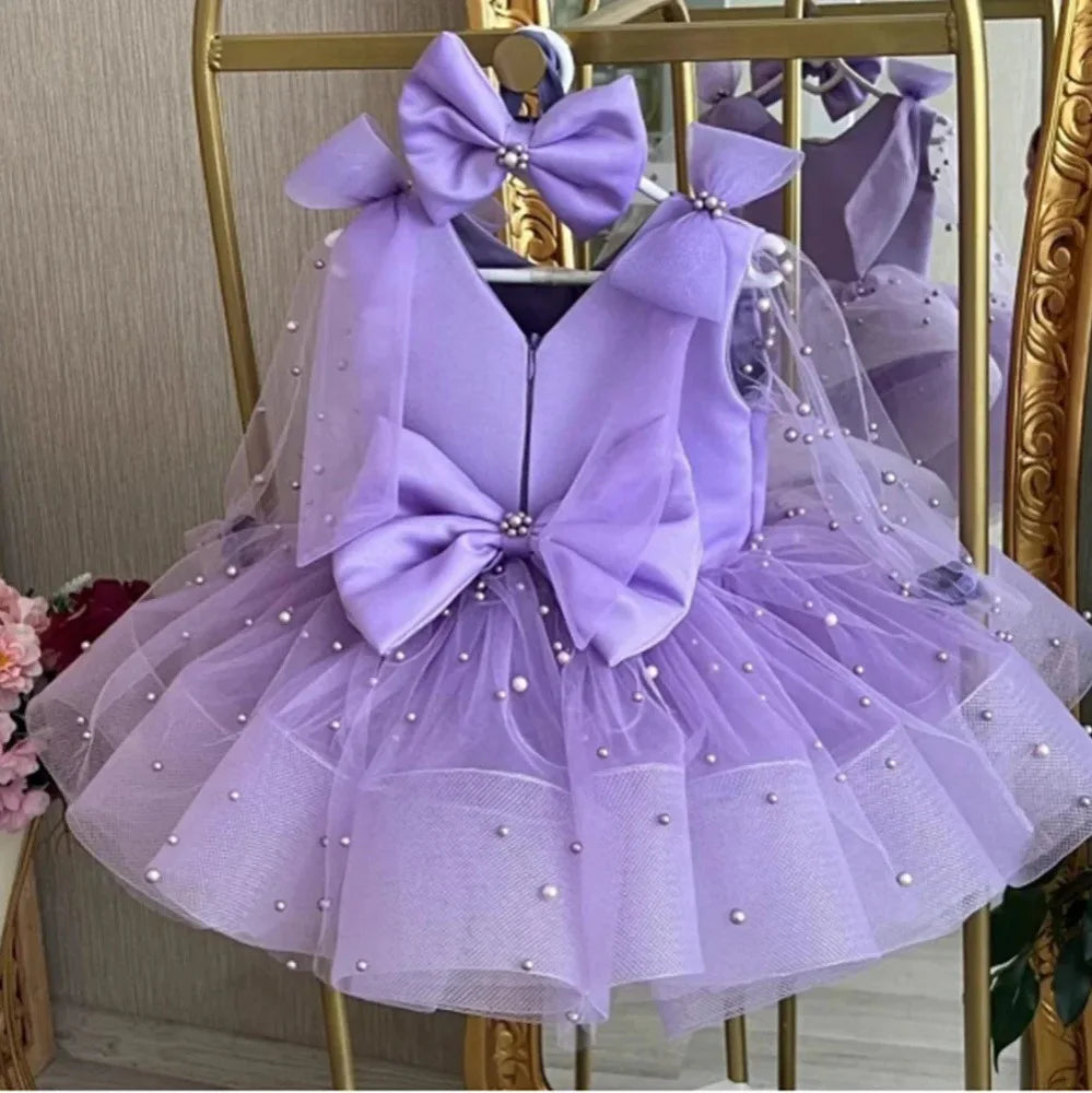 Girls Cute Beading Bow Design Birthday Princess Ball Gown Children Fashion Wedding Host Piano Performance Dress y1655