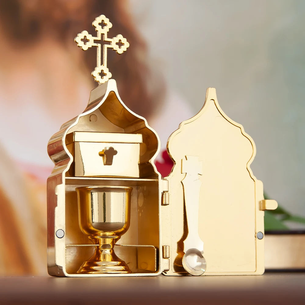Showlu Metal Jesus Crucifix Set with Bible box, rosary, and candle decor, featuring detailed religious symbols on a decorative display.