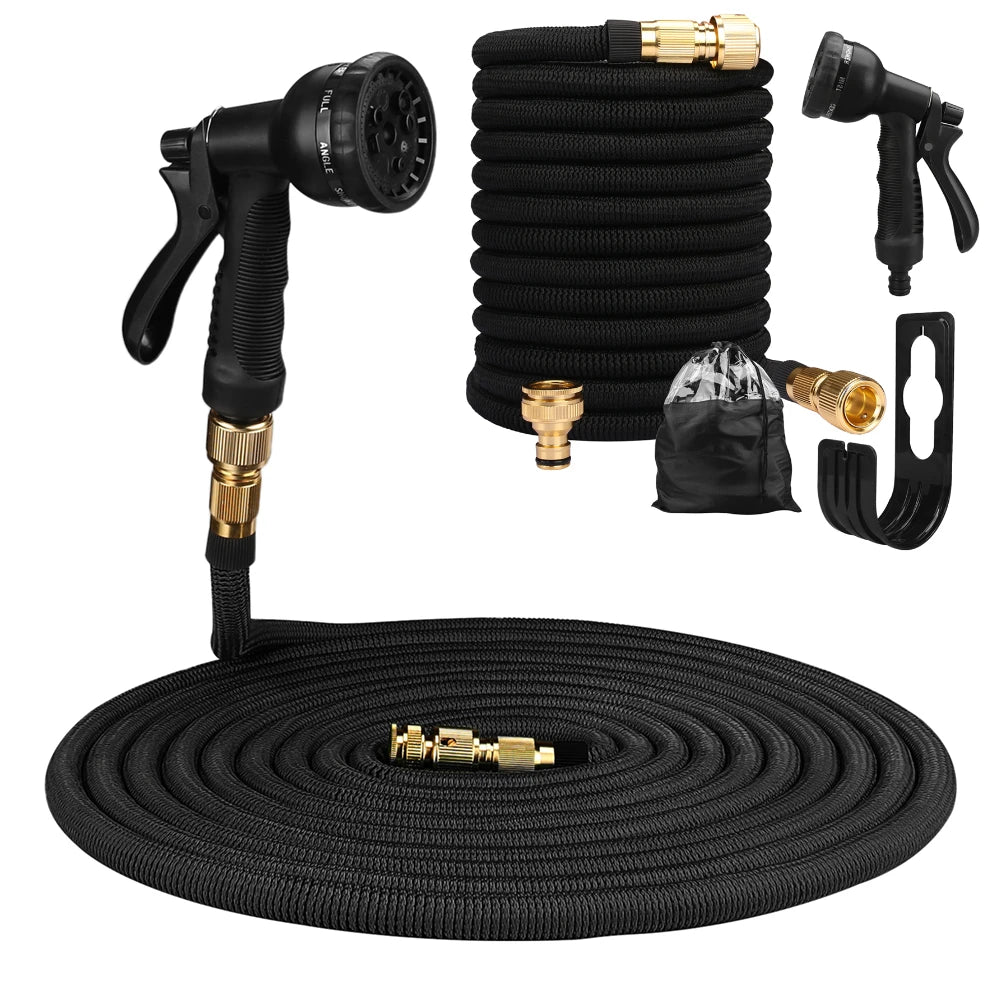 50ft high-pressure washer hose by Showlu Smart General, durable rubber construction with metal fittings for outdoor cleaning.