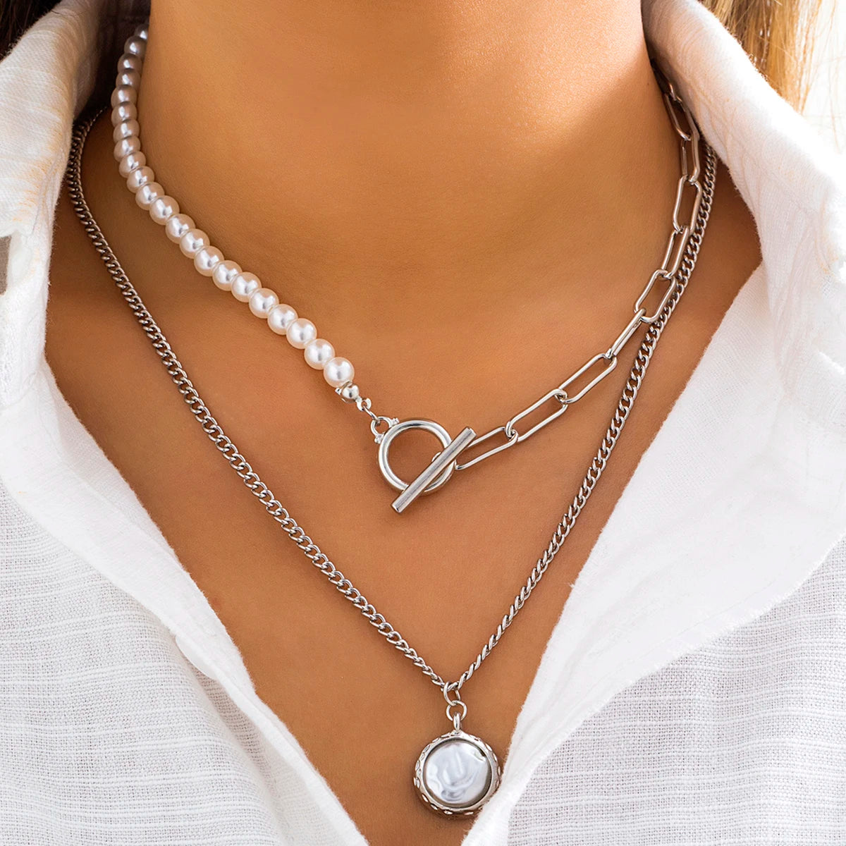 Baroque simulated pearl tassel pendant necklace for women with beaded link chain, stylish lariat wedding jewelry by Showlu Fashion