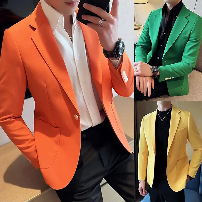 Men's slim fit yellow blazer by SHOWLU FASHION STORE, smart casual cotton suit jacket with tailored design and stylish details.