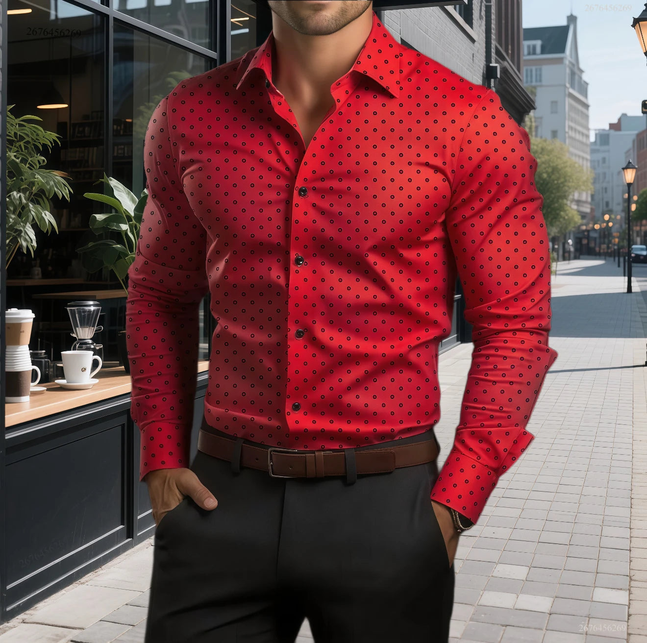 Showlu men's polka dot long sleeve casual shirt, oversized business top in black and white with button-up front.