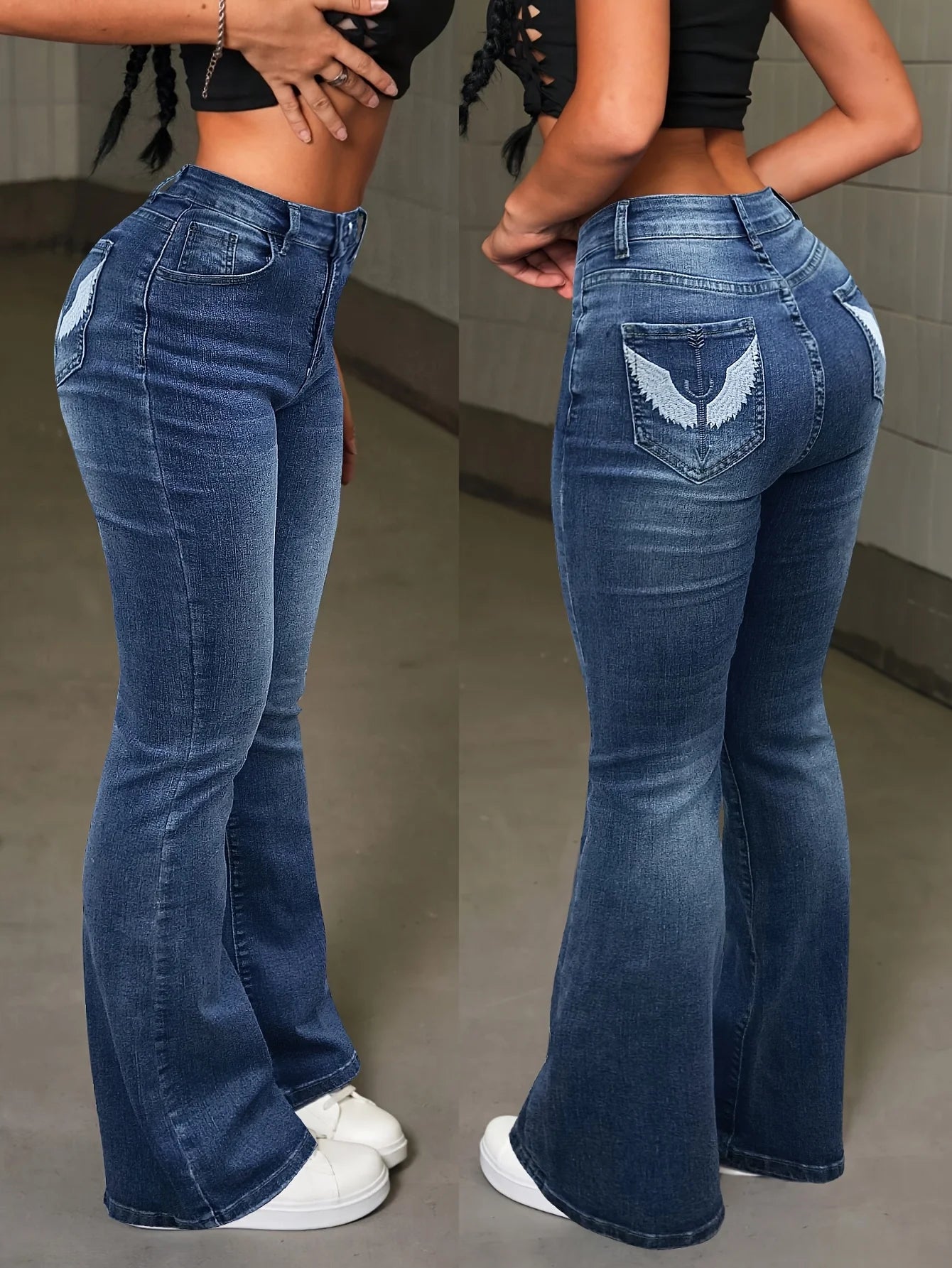 High waist Y2k flare jeans for women with wings embroidery, retro pockets, and fitted style from Showlu Fashion Store.