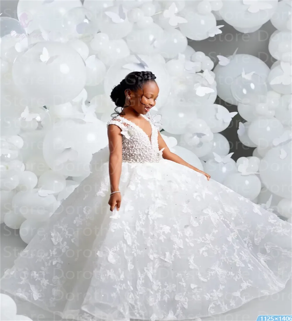 White V-neck Luxury Flower Girl Dresses For Wedding Butterfly Appliques Pearl Child Birthday Party First Holy Communion Gown