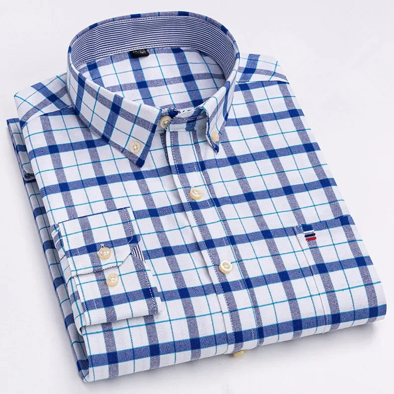 Men's long sleeve plaid oxford casual shirt by Showlu Fashion, 100% cotton, solid color print, oversized 6XL fit