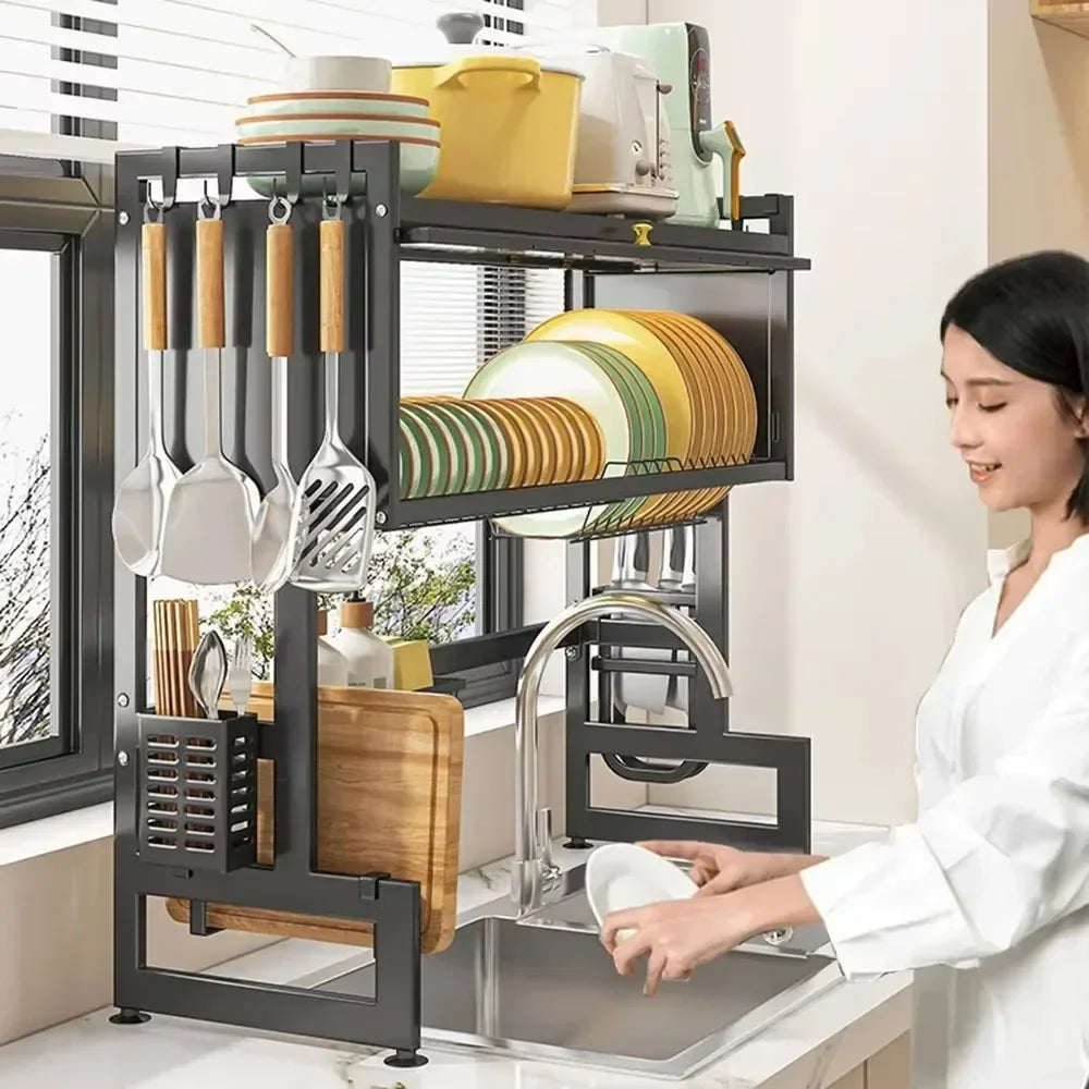 Showlu stainless steel over sink dish drying rack with scalable design, ideal for organizing dishes and utensils efficiently.