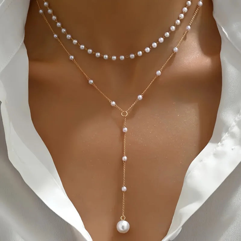 Elegant imitation pearl necklace with long tassel pendant, front chest chain jewelry for women, stylish body accessory