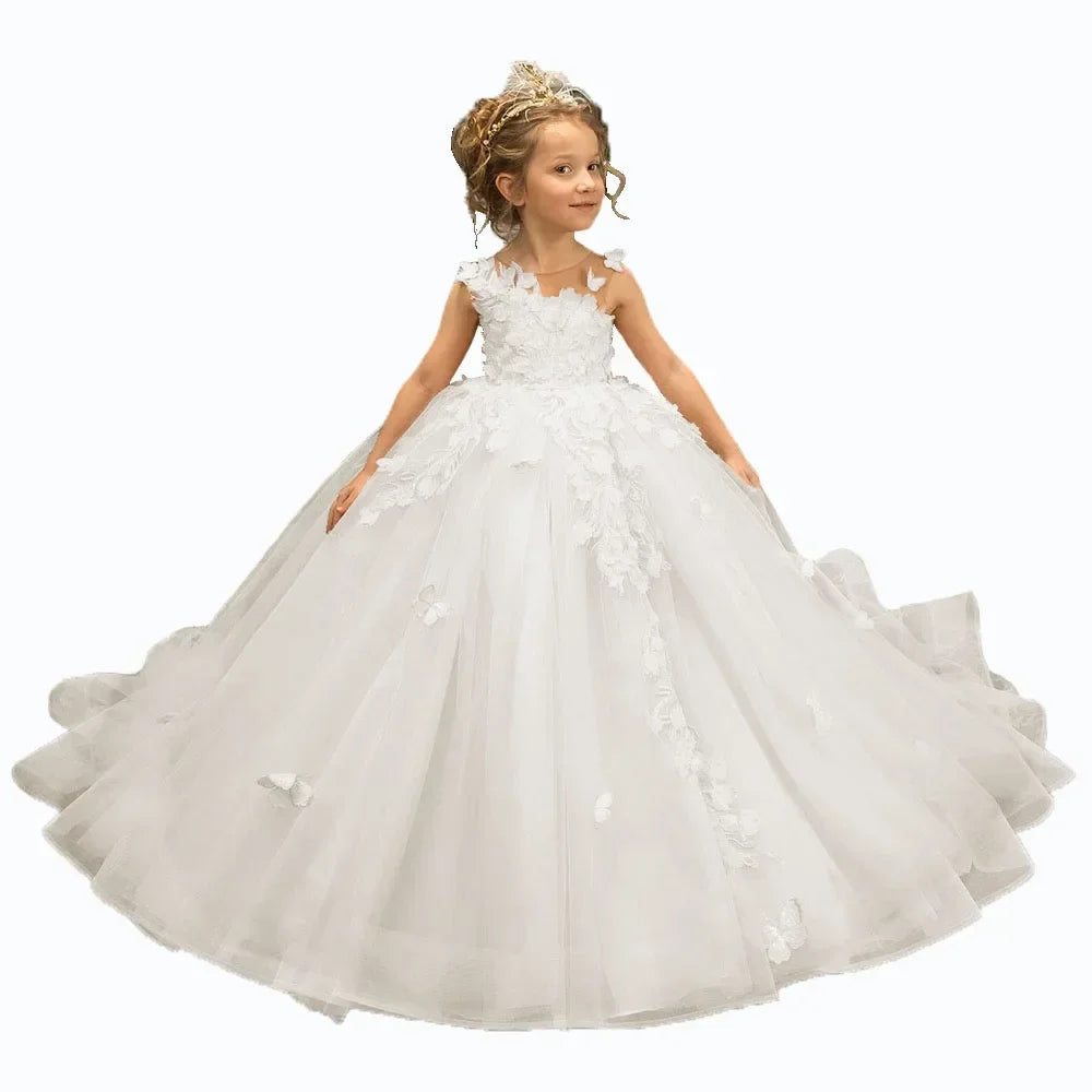 Gdybao flower girl dress with 3D floral appliqué, tulle fabric, and elegant pageant gown design by Showlu Fashion Store