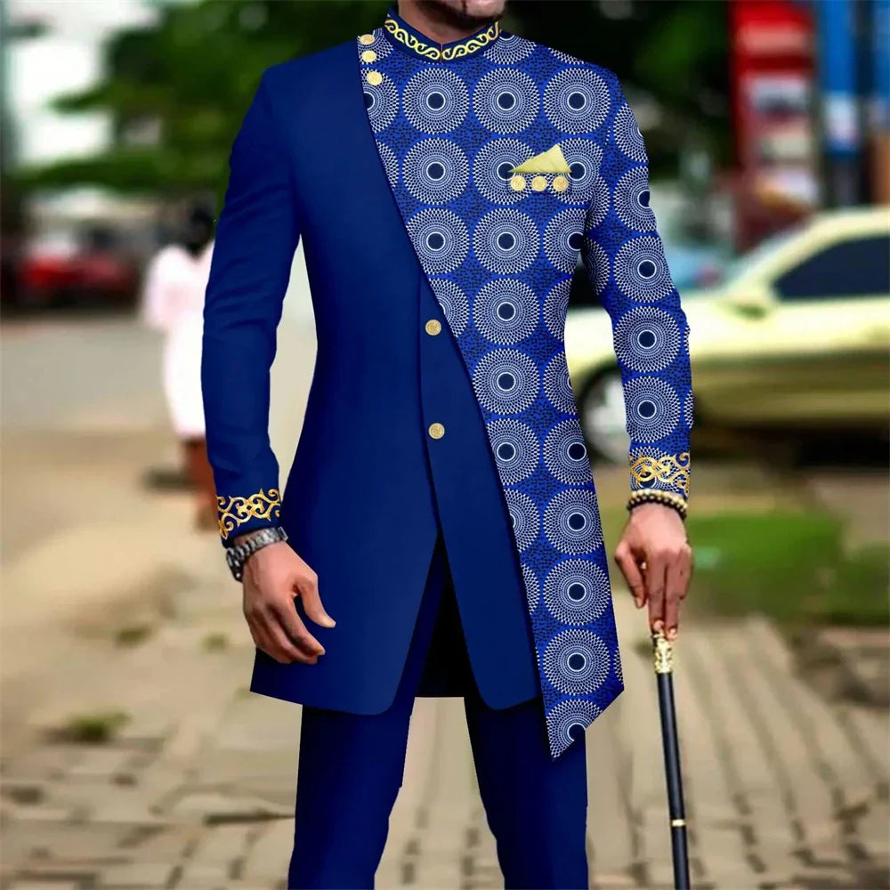 SHOWLU Men's African embroidery print wedding blazer set, 2-piece suit with intricate embroidery detail on the jacket and matching trousers.