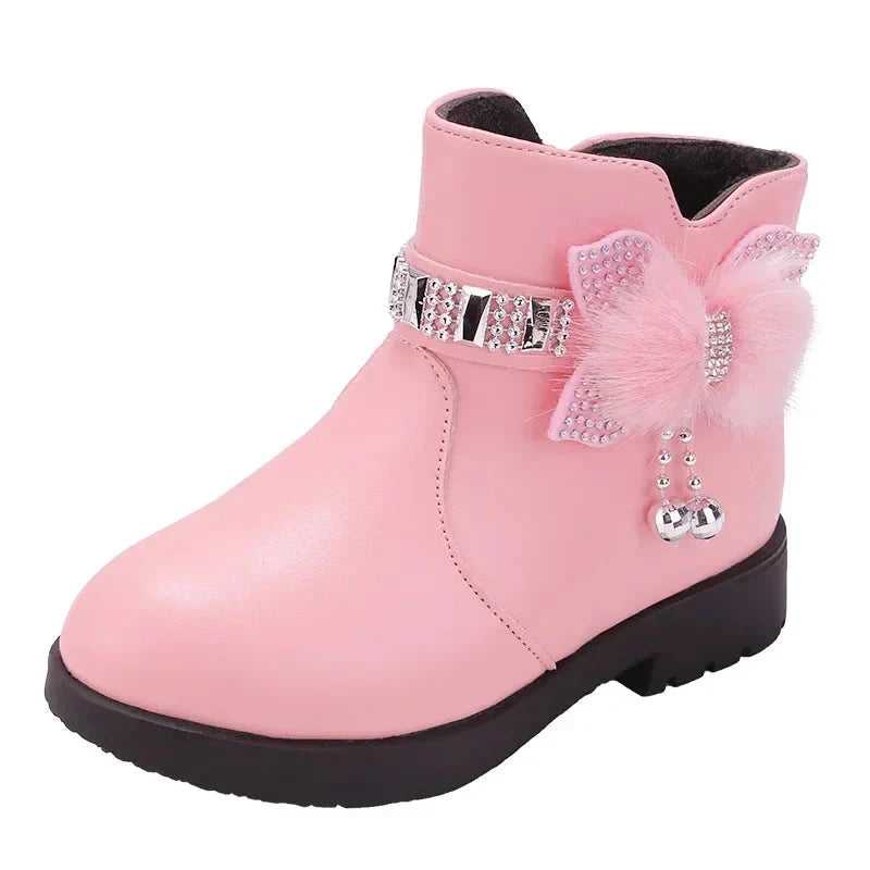 RomSuns girls winter ankle boots with plush PU leather, stylish fashion shoes for cold weather, shown in black with cozy lining.