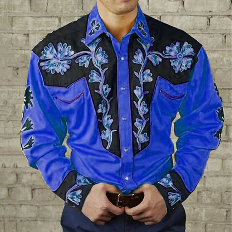 Men's floral leopard print retro Western shirt with long sleeves, lapel collar, suitable for outdoor casual wear in autumn and winter.