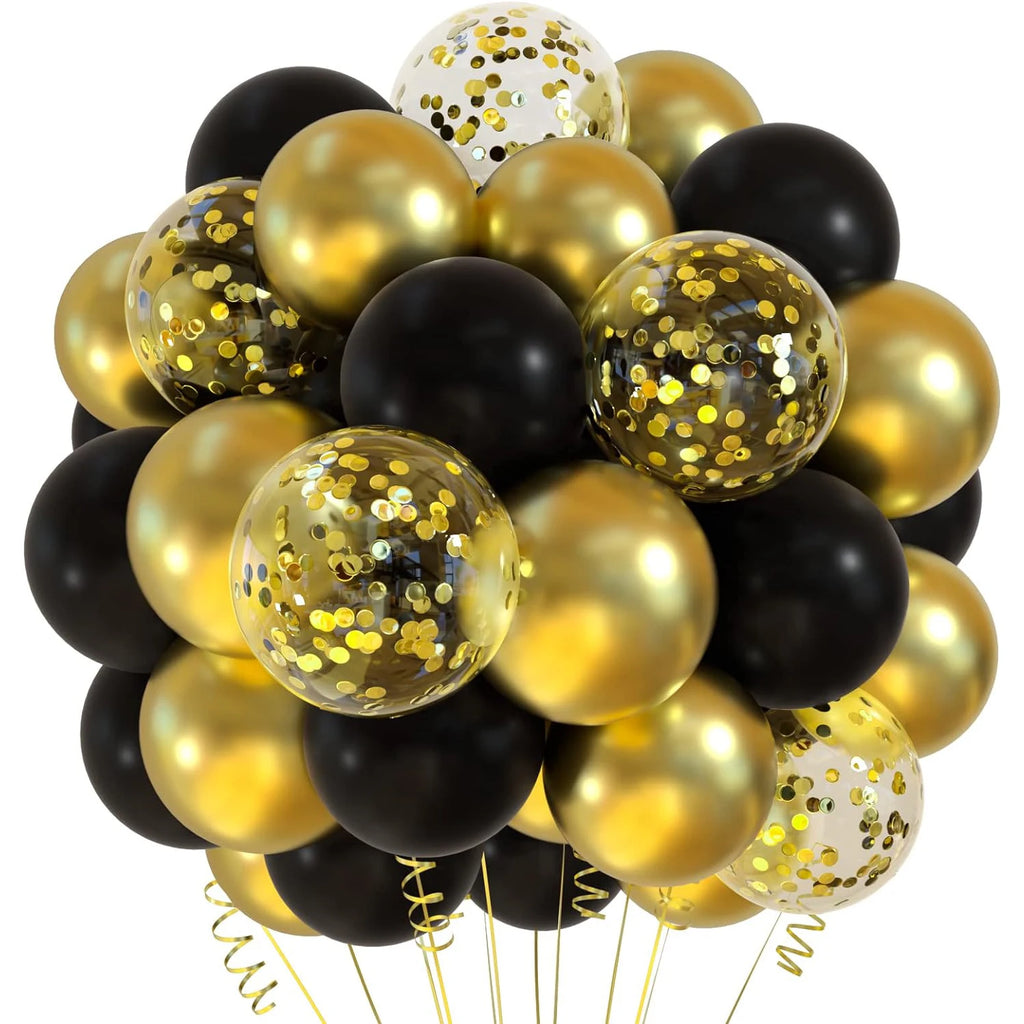 Set of 30 black and gold mixed 12-inch balloons with glitter, ideal for birthday, graduation, and New Year's party decorations.