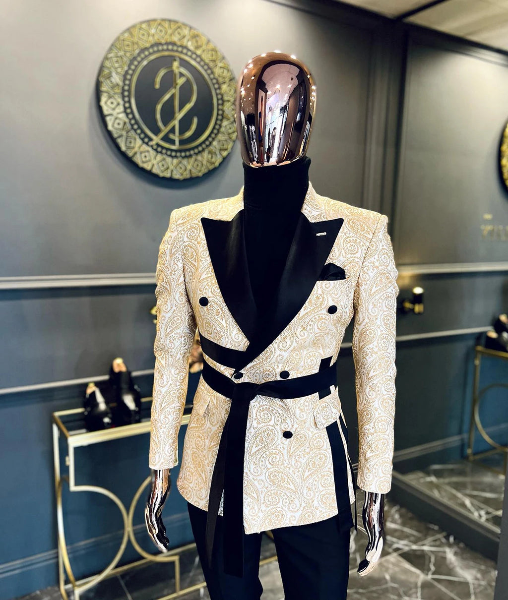 Designer Men Wedding  Blazer Floral Jacquard Coat Peaked Lapel Double Breasted For Male Prom Customize Only Jacket
