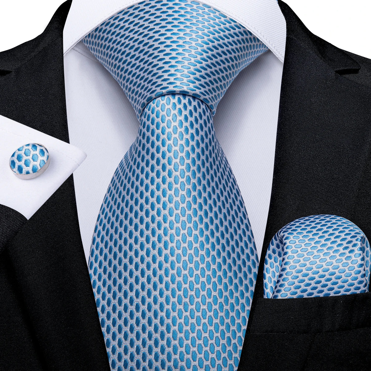 New Classic 100% Silk Men's Ties 8cm Blue Plaid Dot Striped Business Necktie Handkerchief Wedding Party Tie Set Gravatas DiBanGu