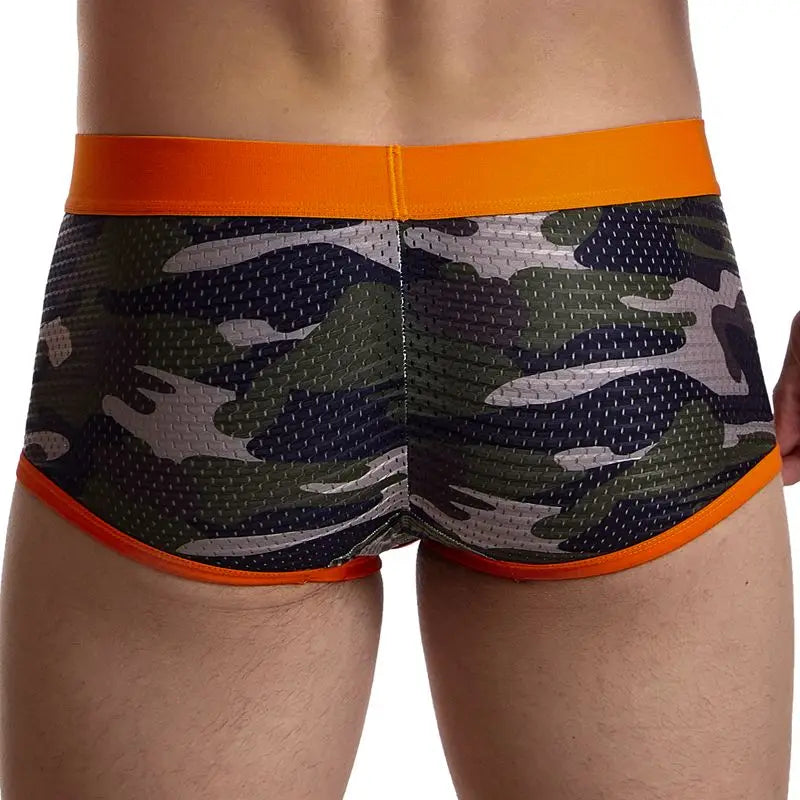 Men's mesh camouflage boxer briefs by JOCKMAIL with nylon pouch, designed for comfort and breathability.