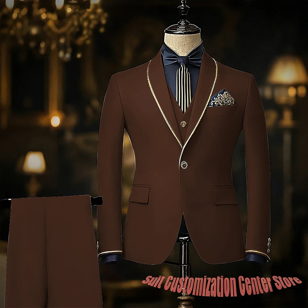 Navy blue men's slim fit tuxedo suit with jacket, vest, and pants featuring shawl lapel, suitable for wedding or prom occasions.