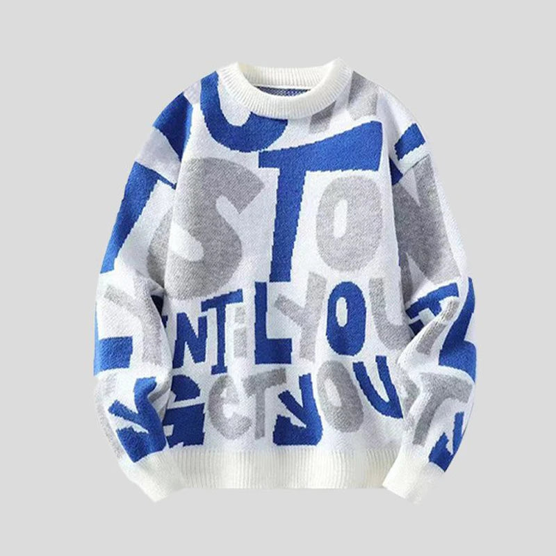 Men's vintage letter streetwear knitted sweater with round neck, long sleeves, and a loose fit in autumn winter fashion.