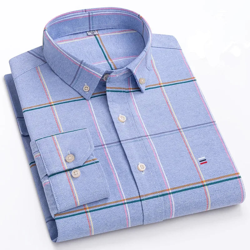 Men's long sleeve plaid oxford casual shirt in solid color, 100% cotton, regular fit, oversized, available in 6XL from Showlu Fashion