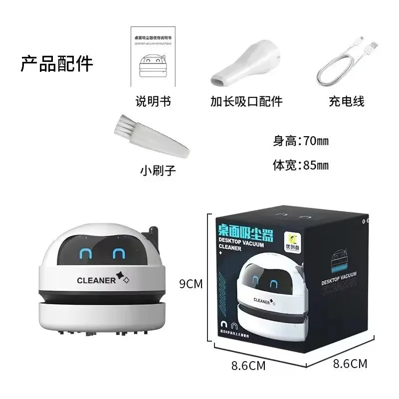 Mini USB Robot Desk Vacuum by Showlu Smart General, compact robot-shaped vacuum cleaner on a desk for cleaning small debris.