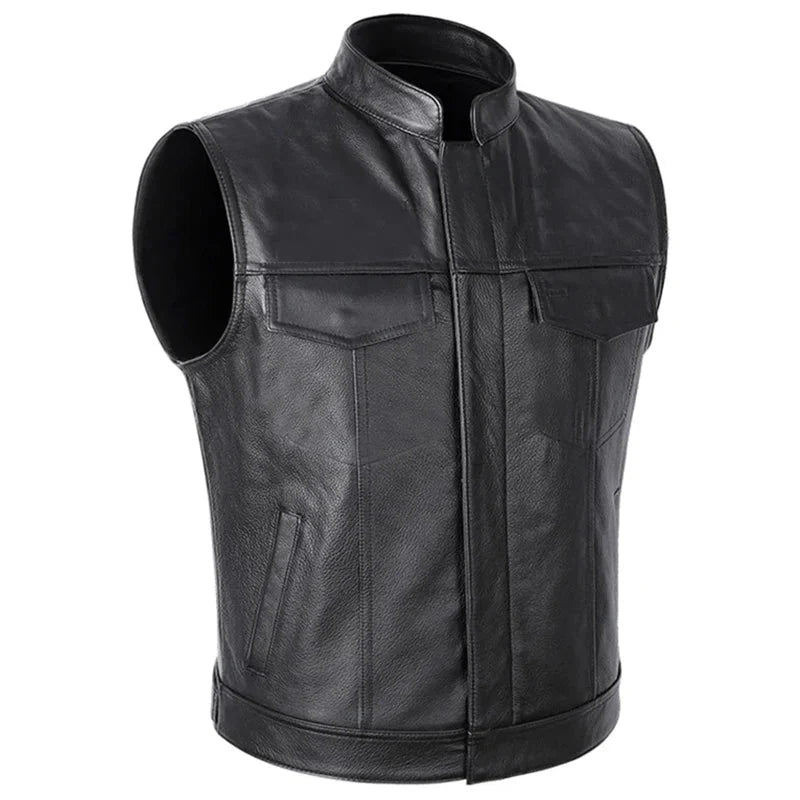 Men's faux leather biker vest with stand collar, autumn winter waistcoat, black color, stylish and rugged fashion by SHOWLU FASHION STORE
