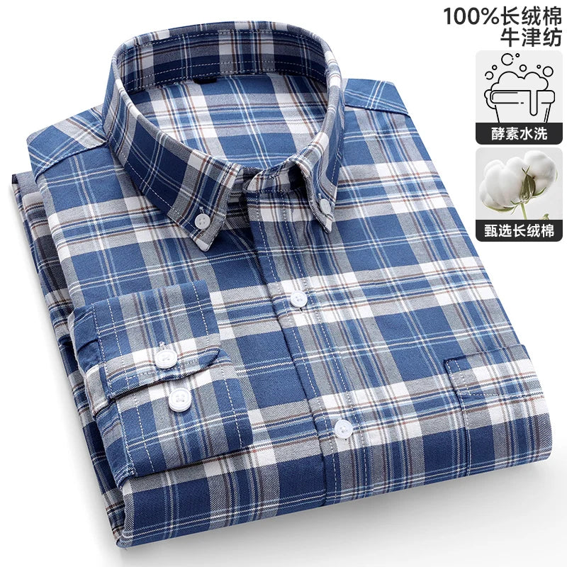 Men's long sleeve plaid Oxford dress shirt in pure cotton, regular fit, available in 6XL and 7XL, soft and formal.