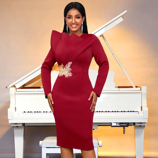 Personalized Embroidered Long Sleeve Round Neck Evening Gown, Solid Color Temperament Elegance Patchwork Slim-fit Dress Vestidos
