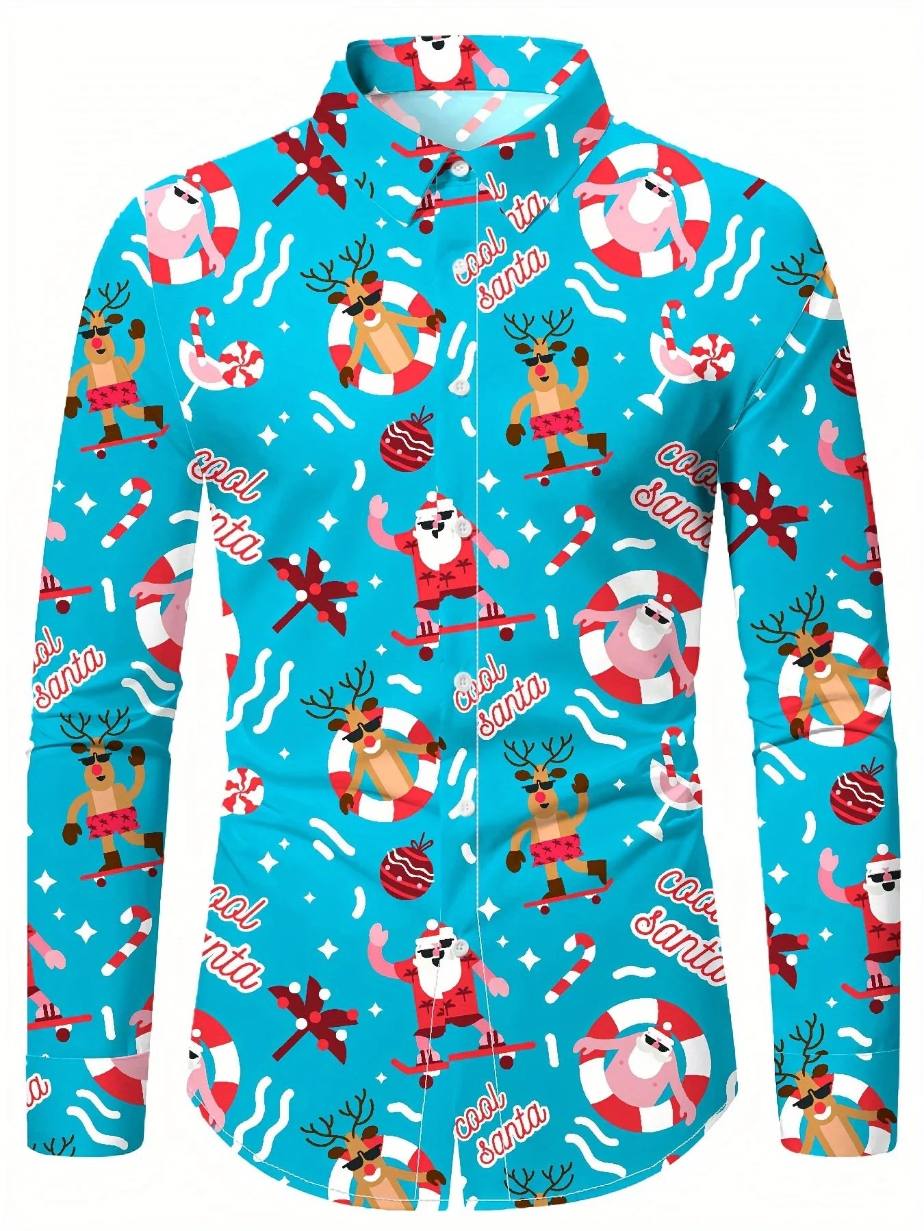 Men's Christmas festival long sleeve shirt with 3D printed Santa Claus and Christmas tree graphic, stylish holiday formal shirt by Showlu Fashion
