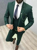 Olive green men's 3-piece slim fit suit with notch lapel tuxedo by SOLOVEDRESS, featuring tailored jacket, vest, and matching trousers.