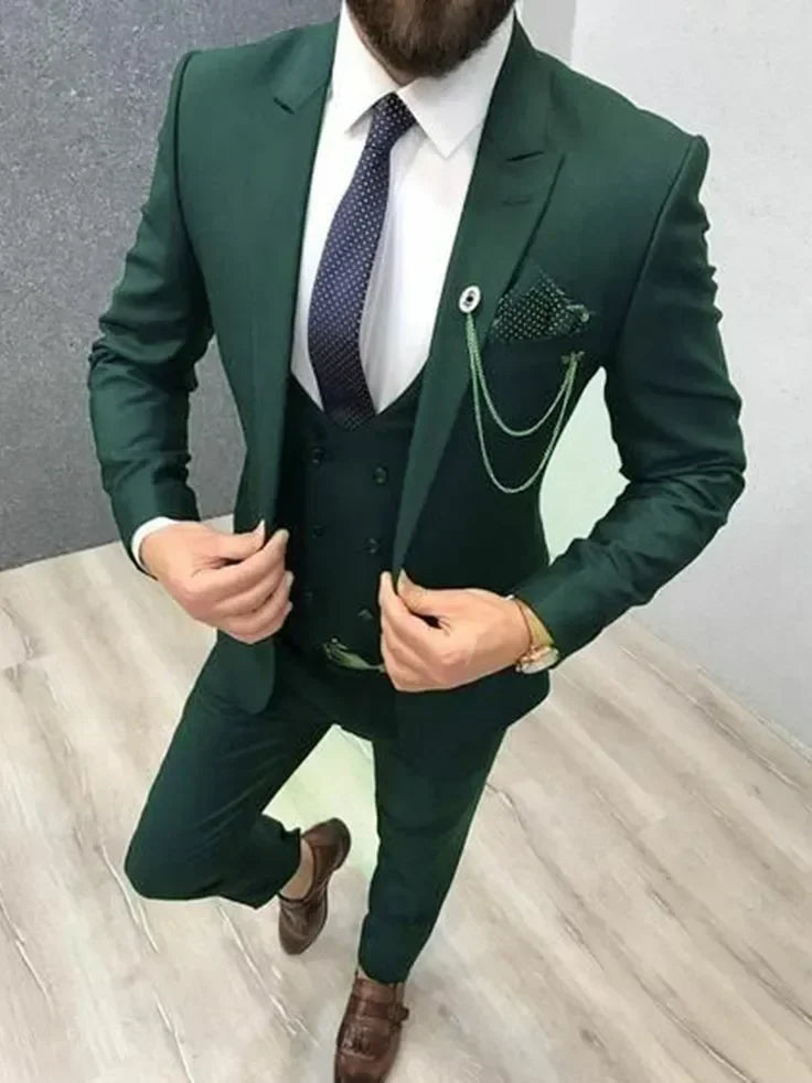 Olive green men's 3-piece slim fit suit with notch lapel tuxedo by SOLOVEDRESS, featuring tailored jacket, vest, and matching trousers.