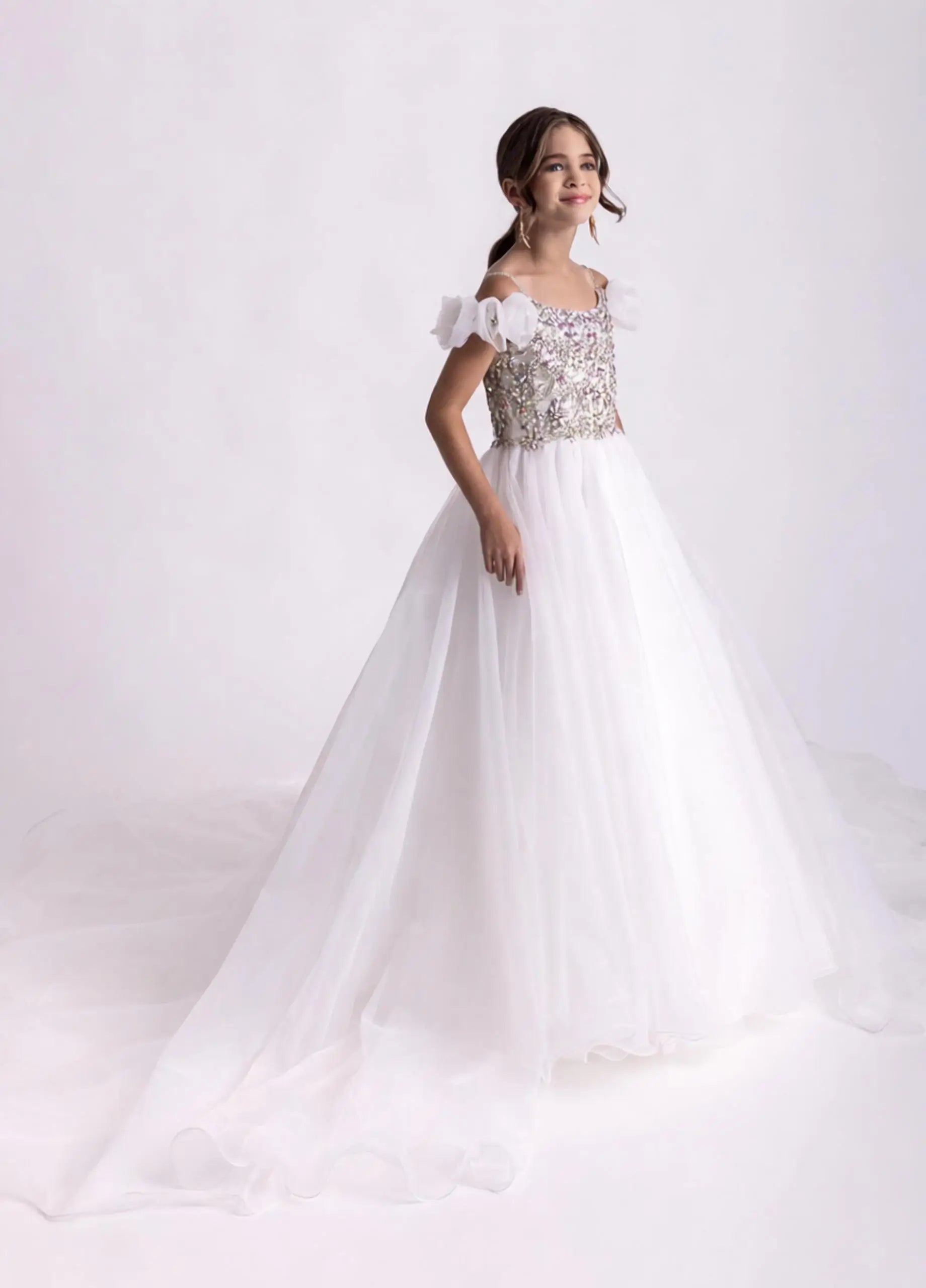 Snvdzo Off Shoulder 3D Flower Sleeve Pageant Dress Crystal Beaded Bodice Flower Girl Dress For Wedding Pageant Birthday Party