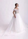 Snvdzo Off Shoulder 3D Flower Sleeve Pageant Dress Crystal Beaded Bodice Flower Girl Dress For Wedding Pageant Birthday Party